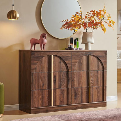 ACCOHOHO Arched Dresser for Bedroom with 6 Drawers, 47.3" Wide Modern Chest of Drawers with Rounded Edge & Metal Handles, Wood Storage Closet Dressers TV Stand for Living Room, Hallway, Brown