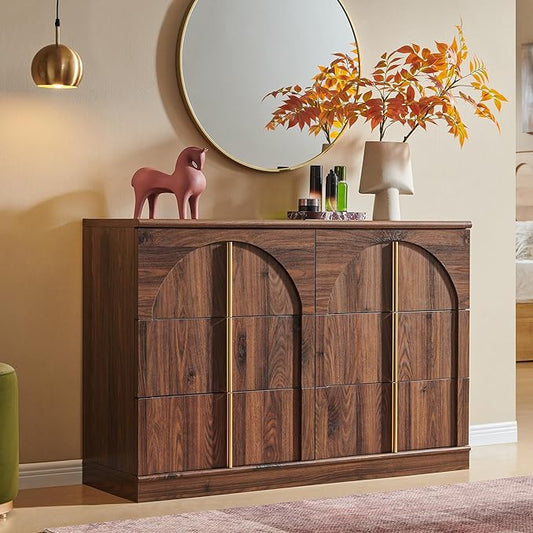 ACCOHOHO Arched Dresser for Bedroom with 6 Drawers, 47.3" Wide Modern Chest of Drawers with Rounded Edge & Metal Handles, Wood Storage Closet Dressers TV Stand for Living Room, Hallway, Brown
