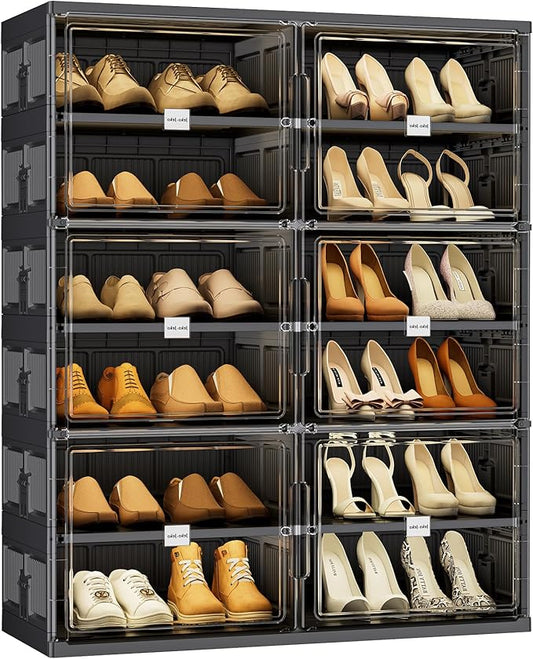JEKO&JEKO 6-Tier Foldable Shoe Storage Cabinet with Magnetic Doors, Large Stackable Shoe Organizer Cabinet for Entryway, Clear Front Door Shoe Boxes Hold Up to 24 Pairs (Black)
