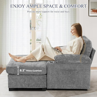 SUNWAVE 58" Chaise Lounge Chair with Ottoman, Chenille Fabric Sofa Bed, Accent Chair with Cupholders & USB Charging Ports for Living Room, Bedroom, Apartment (1 Chaise Misty Gray)