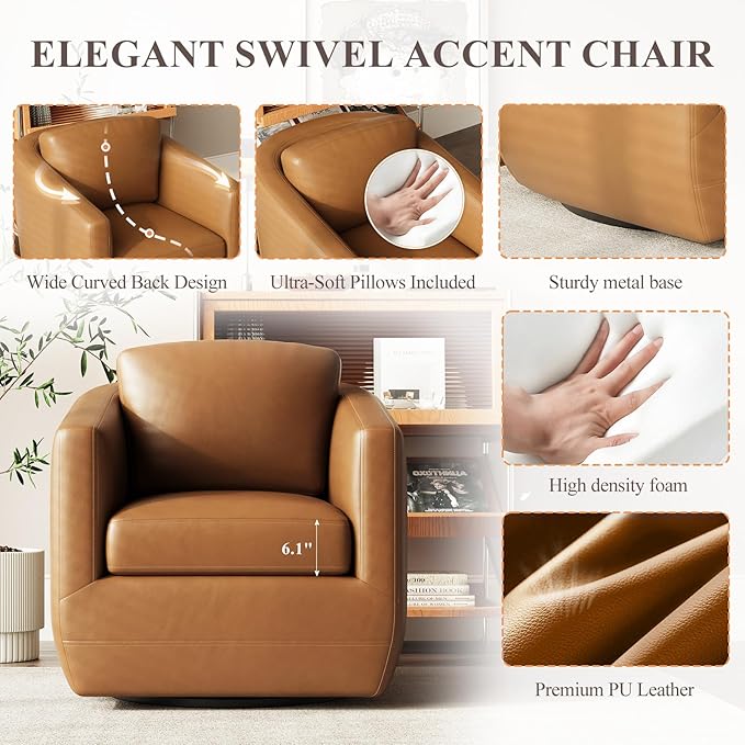 360° Swivel Accent Chair Set of 2 with Pillow - Comfy Living Room Armchair No-Sag Foam & Sturdy Metal Base, Fully Assembled Swivel Accent Single Sofa for Bedroom Living Room, Office, Brown