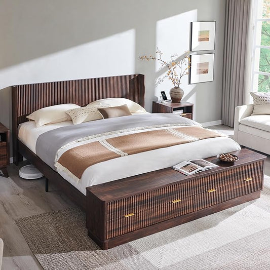 T4TREAM Fluted King Size Bed Frame with Wingback Headboard, Footboard Storage Bench with Built-in Drawers & Lift-Up Compartments, Wood & Steel Platform Bed, No Box Spring Needed, Dark Walnut