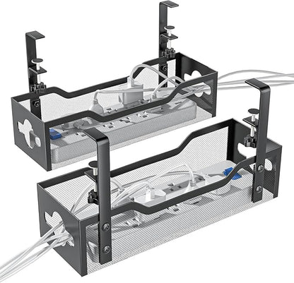 2 Pack Under Desk Cable Management Tray, 13.38" Cable Organizer No Drill, Quszmd Standing Cord Organizer and Wire Management - Black
