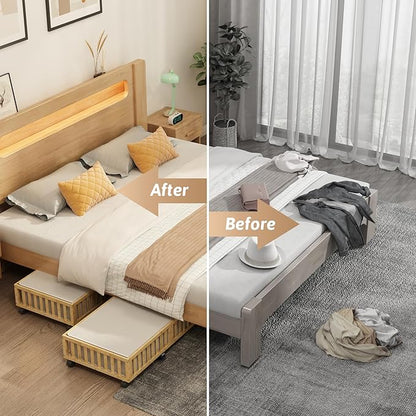 Bamboo Under Bed Storage Containers with Wheels, 2 Pack Large Under the Bed Shoe Storage Bins, Wood Rolling Underbed Drawers Organizer for Bedroom Closet Clothes Blanket Under Crib Toy Nature