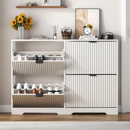 Shoe Cabinet Storage for Entryway with 4 Flip Drawers, White Fluted Shoe Cabinet with Adjustable Shelves, Wooden Hidden Shoes Rack Freestanding Narrow Slim Shoes Storage for Hallway, Entrance