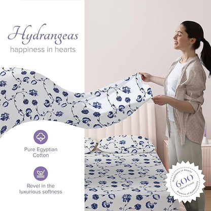 Carressa Linen 100% Egyptian Cotton Printed Bed Sheets - 600 Thread Count 4 PC Full Sheet Set, Hotel Luxury Sateen Bedsheets, 16" Deep Pocket Soft Cooling Sheets for Full Size Bed - Floral Blue