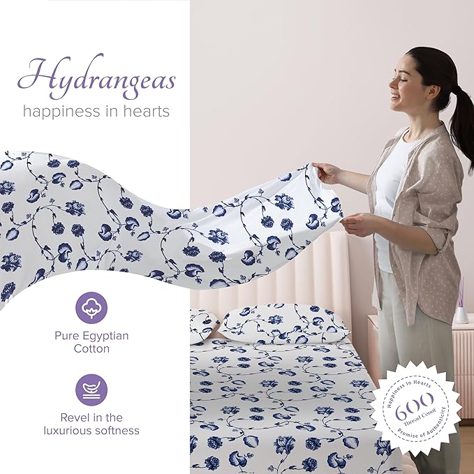 Carressa Linen Luxury Egyptian Cotton King Printed Sheet Set - 600 Thread Count Extra Long Staple 4 PC Set, Blossom Azure King Printed Sheets, Soft, Cooling Sateen Weave Sheets Upto 18 in Deep Pocket