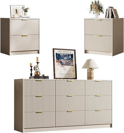 3-Piece Dresser Bedroom Set, 9 Drawer Dresser & 2 Drawer Nightstands with Gold Handles, Fluted Wood Chest of Drawers for Bedroom, Living Room, Entryway, Beige