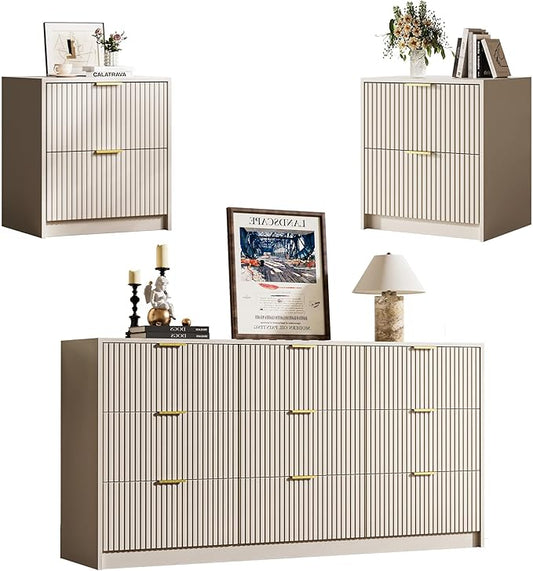 3-Piece Dresser Bedroom Set, 9 Drawer Dresser & 2 Drawer Nightstands with Gold Handles, Fluted Wood Chest of Drawers for Bedroom, Living Room, Entryway, Beige