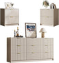 3-Piece Dresser Bedroom Set, 9 Drawer Dresser & 2 Drawer Nightstands with Gold Handles, Fluted Wood Chest of Drawers for Bedroom, Living Room, Entryway, Beige