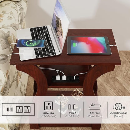End Tables Living Room, Cherry End Table with Charging Station, Nightstand for Bedroom, 3 Tier End Table with Storage Shelf for Living Room(Cherry)
