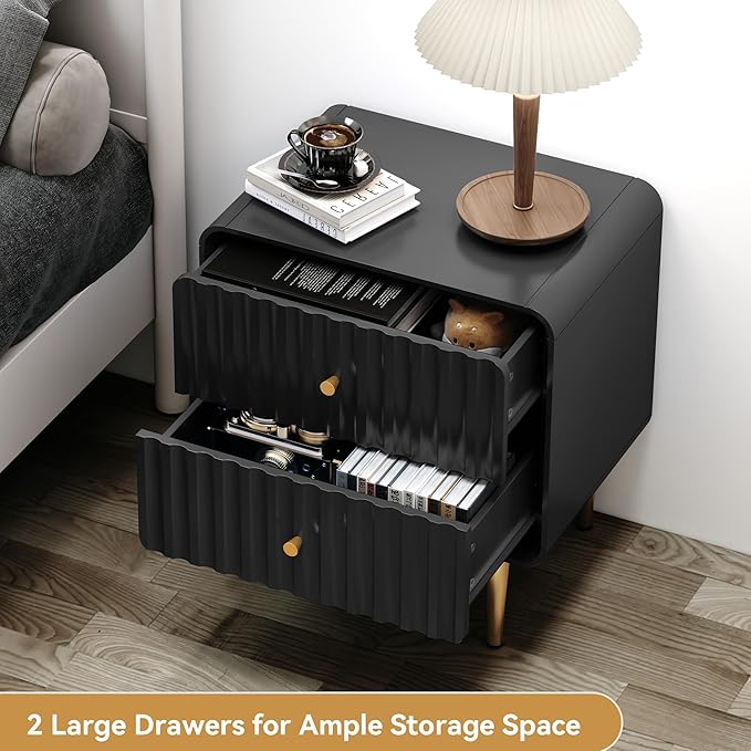 HLR Modern Nightstand Set of 2, Fluted Bed Side Table with 2 Drawers Storage, Wood End Table with Gold Metal Handle, Black Night Stands for Bedroom