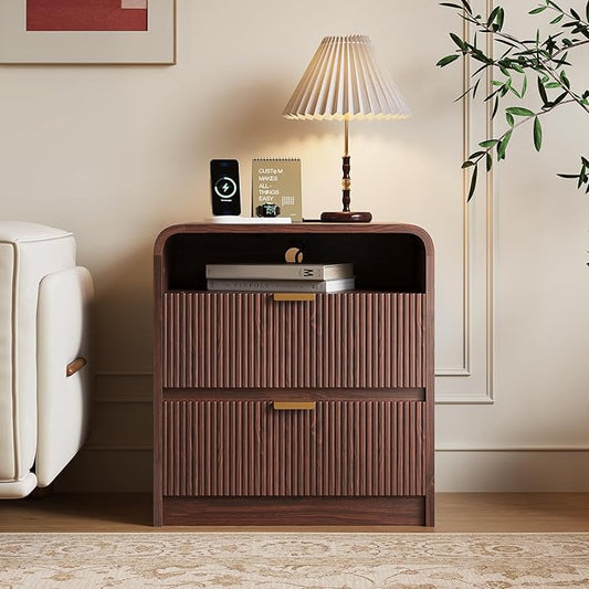 FURSUN 24" Fluted Nightstand with Charging Station, Wooden End Table with 2 Drawers Storage, Curved Profile Design, Modern Bedside Cabinet for Bedroom, Walnut