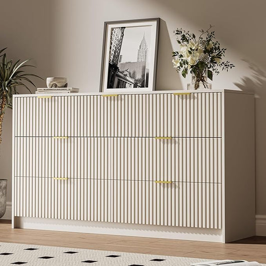 Beige 7 Drawer Dresser for Bedroom, 55.9" Wide Modern Fluted Dresser with Gold Metal Handles, Wide Chest of Drawers for Bedroom, Living Room, Entryway, Hallway