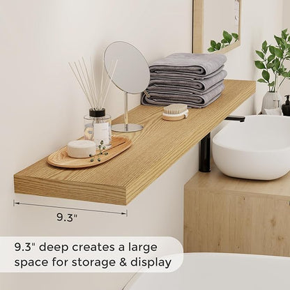Fun Memories Floating Shelves for Wall, 48 x 9.3 Large Floating Shelf Wall Mounted Set of 2, Rustic Wood Shelves for Bathroom, Kitchen, Living, Heavy-Duty Storage Deep Shelf for Books, Decor, Oak