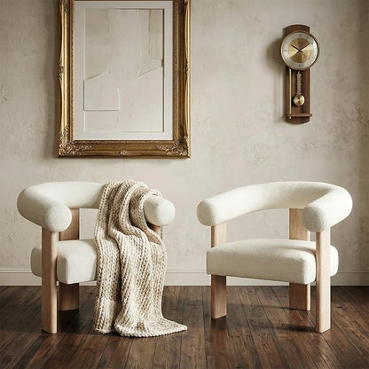 VKNOW Accent Chairs Set of 2, Modern Upholstered Living Room Chair Armchair with Solid Wood Legs, Comfy Barrel Arm Chairs for Living Room Bedroom, Cream