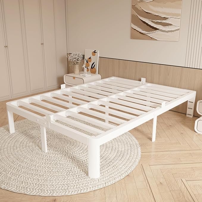 14 Inch Bed Frame Full Size with Metal Gaskets, Heavy Duty Steel Support 3500 LBS, No Box Spring Needed, DIY Headboard, Anti-Slip Mattress Stopper, Round Corner Leg, Easy Assembly, White