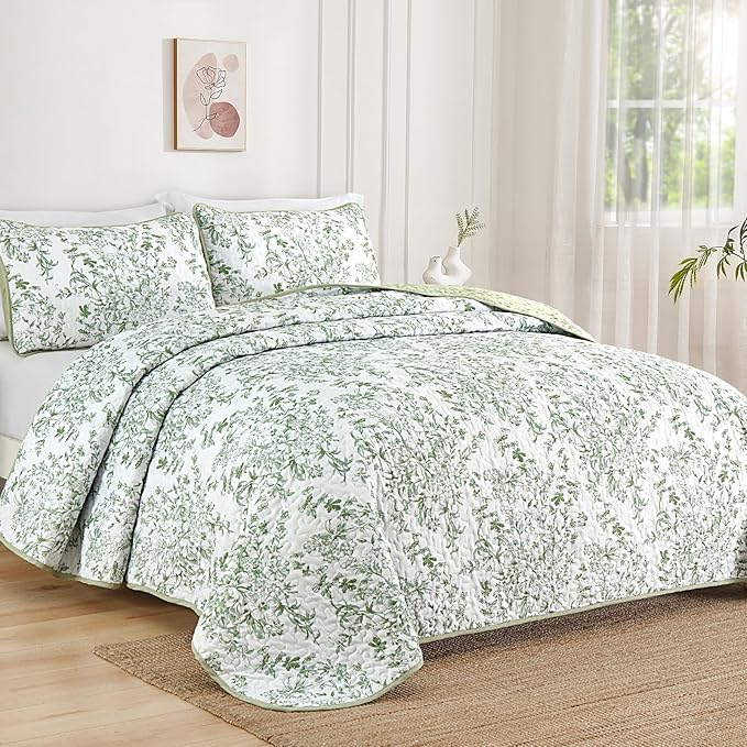 WONGS BEDDING Quilt Full Size, Sage Green Quilt Bedding Set with 2 Pillowcases, Botanical Quilt for Full Bed, Soft Microfiber Lightweight Coverlet Bedspread for All Season (78"×90", 3 Pieces)