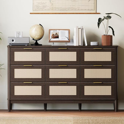 LINSY HOME Rattan Dresser for Bedroom with 9 Drawers, 58" Wide Chest of Drawers, Mid Century Modern Dresser TV Stand with Metal Handle, Wood Closet Storage Cabinet for Living Room, Hallway, Walnut