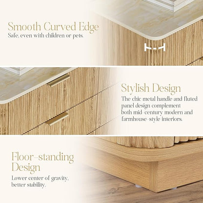 Fluted Drawers Dresser for Bedroom with 10 Drawers, 42'' Wide Mid Century Dressers with Faux Marble Top & Metal Handle, Wooden Chest of Drawers TV Stand, Natural Wood Closet Storage Organizer,Oak