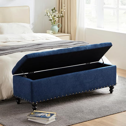 HUIMO 51-inch Storage Ottoman Bench with Removable Tray, Bedroom Bench with Button-Tufted, Safety Hinge Ottoman in Upholstered Fabrics, Large Long Bench for Living Room, Bedroom (Bule)