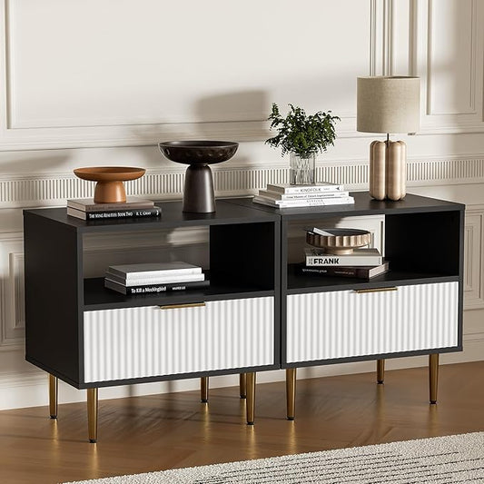 Nightstand Set of 2, Modern Nightstand with Drawer, End Table with Storage, Bed Side Table with Open Space, Night Stande for Bedroom, Side Table for Bedroom, Living Room, Black & White