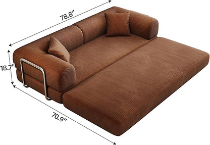 79" Convertible Sofa Bed with Fixed-Shape Frame, Corduroy Folding Pull Out Couch, No Assembly Modern Boneless Couch Compression Sofa in Box, Floor Sofa for Living Room,Brown