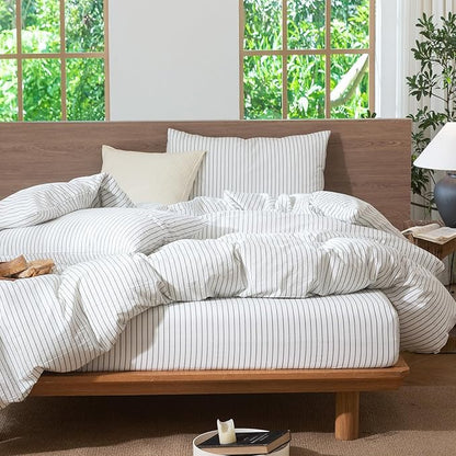 MooMee Striped Duvet Cover Set 100% Washed Cotton Linen Like Textured Breathable Durable Soft Comfy (White Heathered Green Wide Stripes, Full 80"x90")