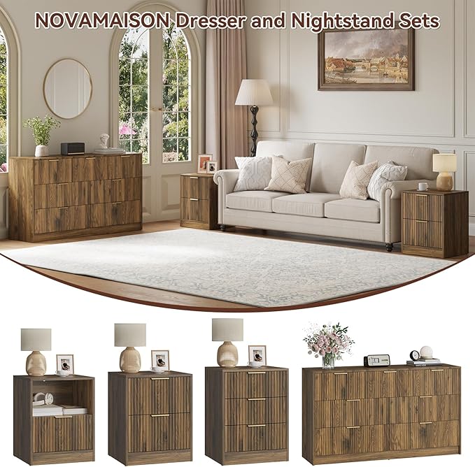 7 Drawer Dresser & Nightstand Set 3-Piece, 55” Wide Bedroom Dresser and Night Stand Set of 2 with Metal Handle, Fluted Modern Wood Chest of Drawers Storage Dressers Set for Bedroom, Walnut
