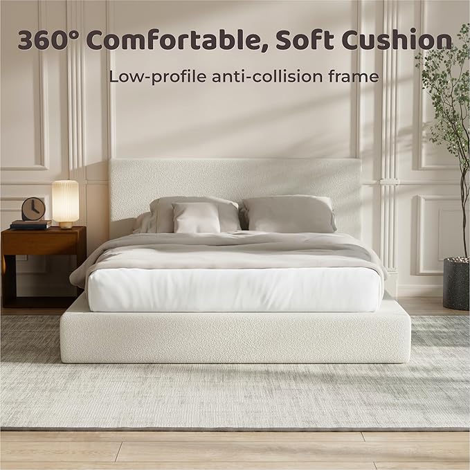 RECCI Cloud Boucle Upholstered King Bed Frame with Headboard, 5 Inch Foam Padded Platform, No Box Spring, Easy Assembly(Beige)