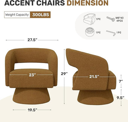 Swivel Accent Chair Set of 4, Modern Comfy Teddy Barrel Chairs, Oversized Upholstered Round Arm Chair for Living Room, Bedroom, Reading Room, Brown