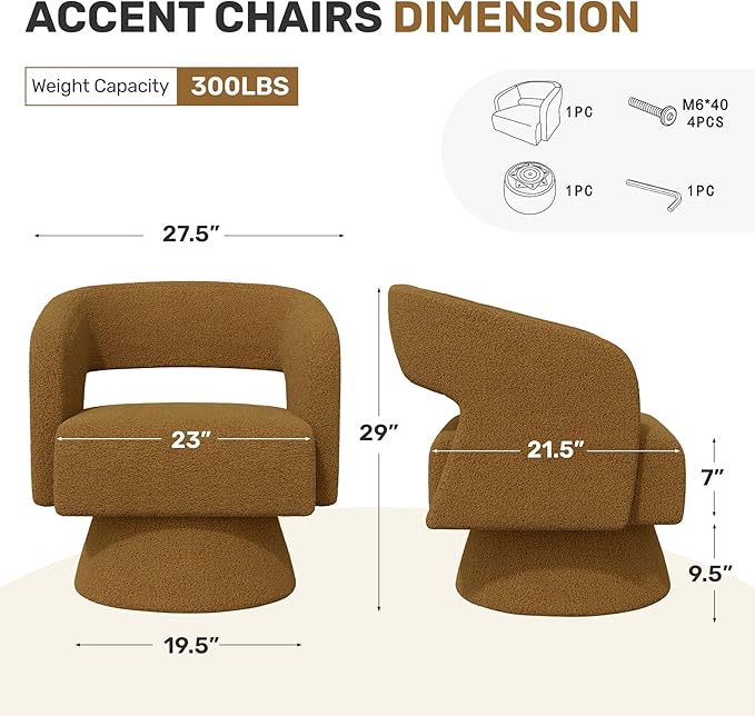 Swivel Accent Chair, Modern Comfy Teddy Barrel Chairs, Oversized Upholstered Round Arm Chair for Living Room, Bedroom, Reading Room, Brown, 1 PCS
