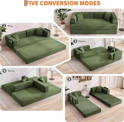 Garvee 5-in-1 Convertible Sofa Bed, 78.8" Modular Corduroy Sleeper with Sturdy Frame & No Assembly, Multi-Functional Futon for Small Space, Living Room & Guest Room (Green)