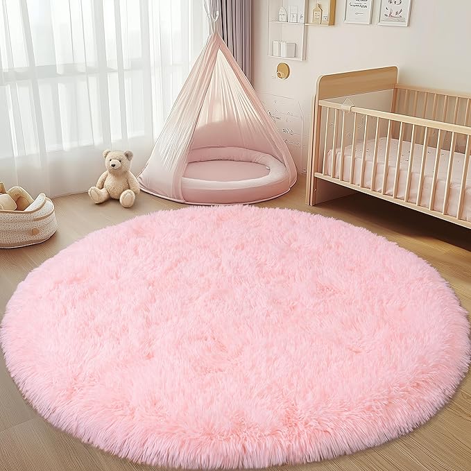 Round Fluffy Pink Rug for Bedroom, 5Ft Fuzzy Shag Circle Area Rug for Girls Kids Room Nursery, Soft Non Slip Plush Carpet for Dorm Living Room Home Decor