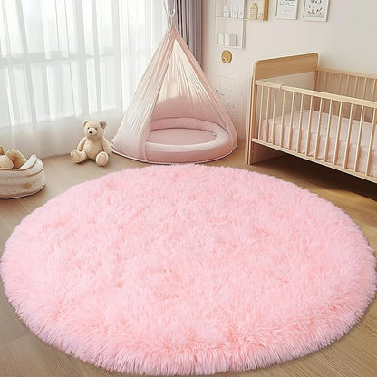 Round Fluffy Pink Rug for Bedroom, 5Ft Fuzzy Shag Circle Area Rug for Girls Kids Room Nursery, Soft Non Slip Plush Carpet for Dorm Living Room Home Decor