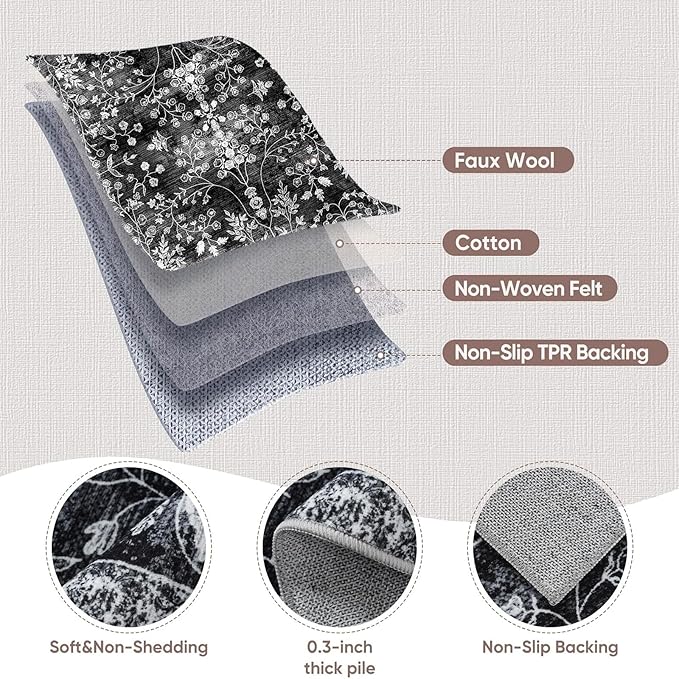 2x3 Washable Area Rug for Entryway：Soft Traditional Printed Area Rug Non-Slip Kitchen Rugs Low-Pile Medallion Indoor Door Mat Small Farmhouse Carpet for Entrance Foyer Bedside Black White 2x3