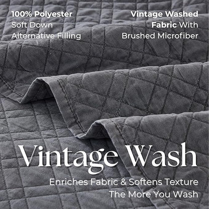 Twin Quilt Set with Sham Lightweight Quilted Bedspread Coverlet Thin Comforter Bed Cover Vintage Washed Quilted Blanket for All Season, Brushed Microfiber Diamond Stitching, Ash Gray, 66"x92"