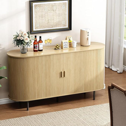 Buffet Cabinet with Storage, Fluted Sideboard Buffet with Sliding Door, Coffee Bar Cabinet with Adjustable Shelf, Console Table, Accent Table for Entryway, Kitchen (Oak, 55 Inch)