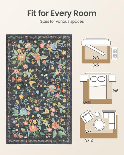 Amada 3x5 Washable Area Rugs, Non-Slip & Low-Profile Entryway Rug with Reinforced Edge Binding, Boho Floral Pattern, Soft Washable Rug for Bedroom, Entryway & Home Office