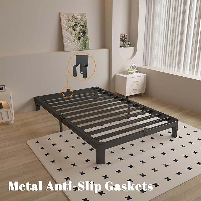 Twin Bed Frames 6 Inch, Black Twin Size Bed Frame with Metal Gaskets, No Box Spring Need, Heavy Duty Steel Platform Support, Round Corner Desgin, Reserved Holes, Easy Assembly, Noiseless