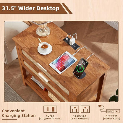 LEYAOYAO 31.5" Wide Rattan Night Stand with Charger Station, Oversized Large Boho Nightstand with 2 Drawer, Tea Brown Bed Side End Tables, Tall Bedside Table for Bedroom Living Room, Hallway