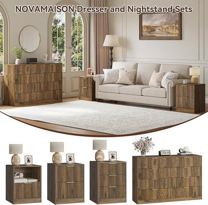 8 Drawer Dresser & Nightstand Set 3-Piece, 55” Wide Fluted Walnut Dresser and Night Stand Set of 2 with Metal Handle, Modern Wood Chest of Drawers Storage Dressers Set for Bedroom, Walnut