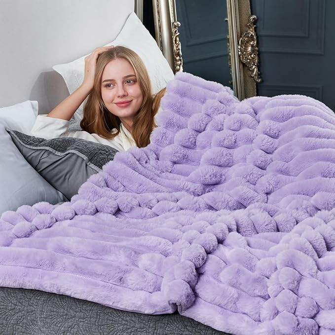 Cozy Bliss Faux Fur Throw Blanket for Couch, Cozy Warm Plush Striped Blanket for Sofa Bedroom Living Room, 108 * 90 Inches Lavender