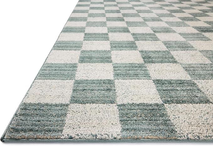 Loloi Chris Loves Julia Calvin Collection CLV-01 Blue/Ivory 7'-10" x 7'-10" Round Area Rug Checkered Neutral Soft Living Room Bedroom Carpet