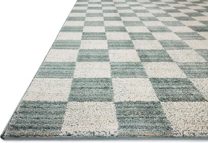 Loloi Chris Loves Julia Calvin Collection CLV-01 Blue/Ivory 2'-7" x 10'-0" Runner Rug Checkered Neutral Soft Living Room Bedroom Carpet