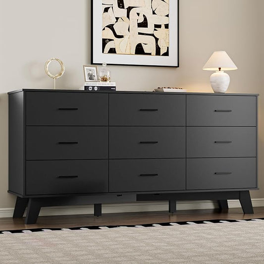 Dresser for Bedroom with 9-Drawer, 59" Wide Modern Chest of Drawers with Metal Handles, X-Shape Base & Adjustable Center Leg, Anti-Tip Closet Organizers and Storage