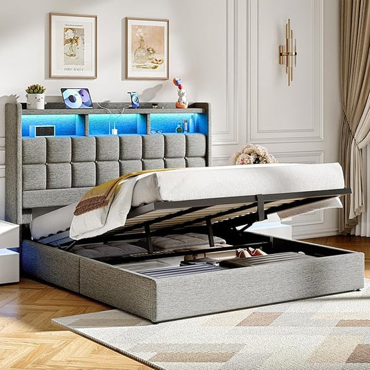 Lift Up King Size Bed Frame with Storage, Upholstered King Bed Frame with Charging Station and LED Lights Headboard, No Box Spring Needed, Easy Assembly - Light Grey