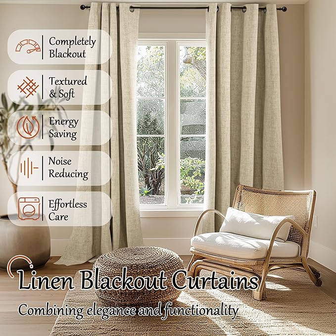 100% Blackout Curtains for Living Room 90 Inches Long 2 Panels, Faux Linen Textured Floor Length Thermal Insulated Bronze Grommet Boho Window Energy Save Drapes, Each 52" Wide, Burlap