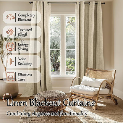 100% Blackout Curtains for Living Room 90 Inches Long 2 Panels, Faux Linen Textured Floor Length Thermal Insulated Bronze Grommet Boho Window Energy Save Drapes, Each 52" Wide, Burlap