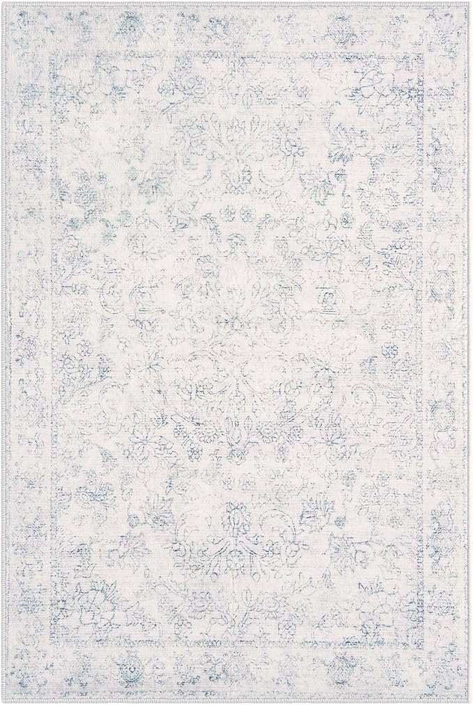jinchan 6x9 Machine Washable Area Rugs for Living Room – Vintage Floral Soft Stain Resistant Low Pile Rug, Non Slip Ultra-Thin Carpet for Bedroom, Dining Room, Home Office, Nursery (6'x9', Ivory)
